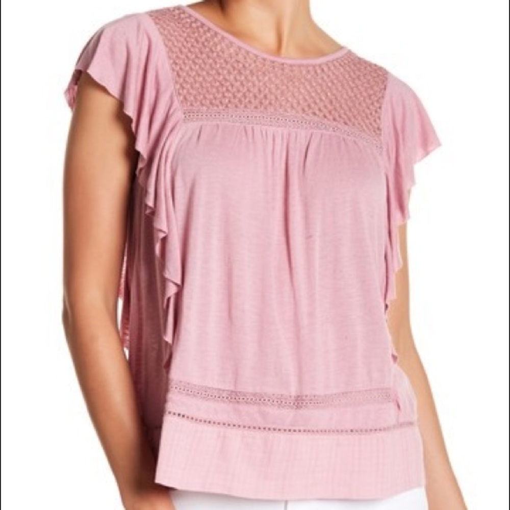 🆕 Lucky Brand Ruffle Lace Yoke Blouse Linen Pink